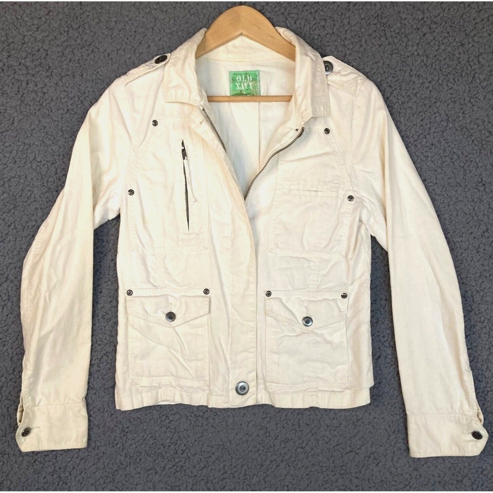 VTG Old Navy Moto Linen Lace Up Jacket Women S 4 Cream Cargo Lightweight Blazer